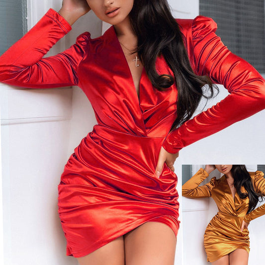 Fashion Deep V Neck Pleated Slim Fit Long Sleeve Short Dress Sexy Up Skirt