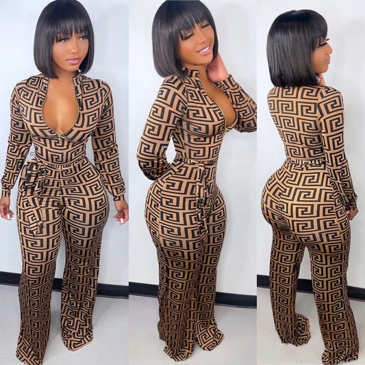 Women's Long Sleeved Sexy Deep V Neck Zipper Bandage Jumpsuit Nightclub Suit