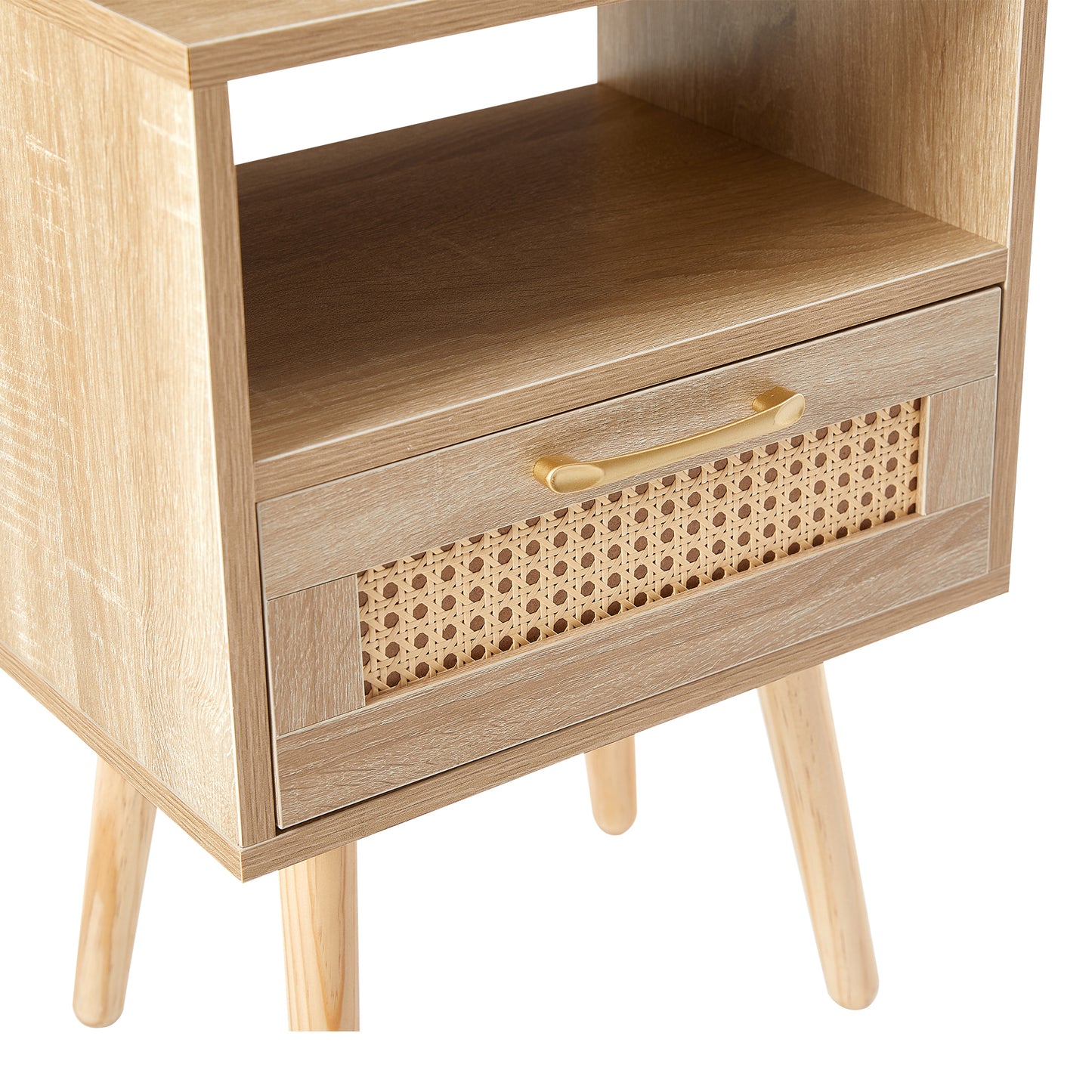 15.75" Rattan End table with drawer and solid wood legs Modern nightstand side table for living room natural