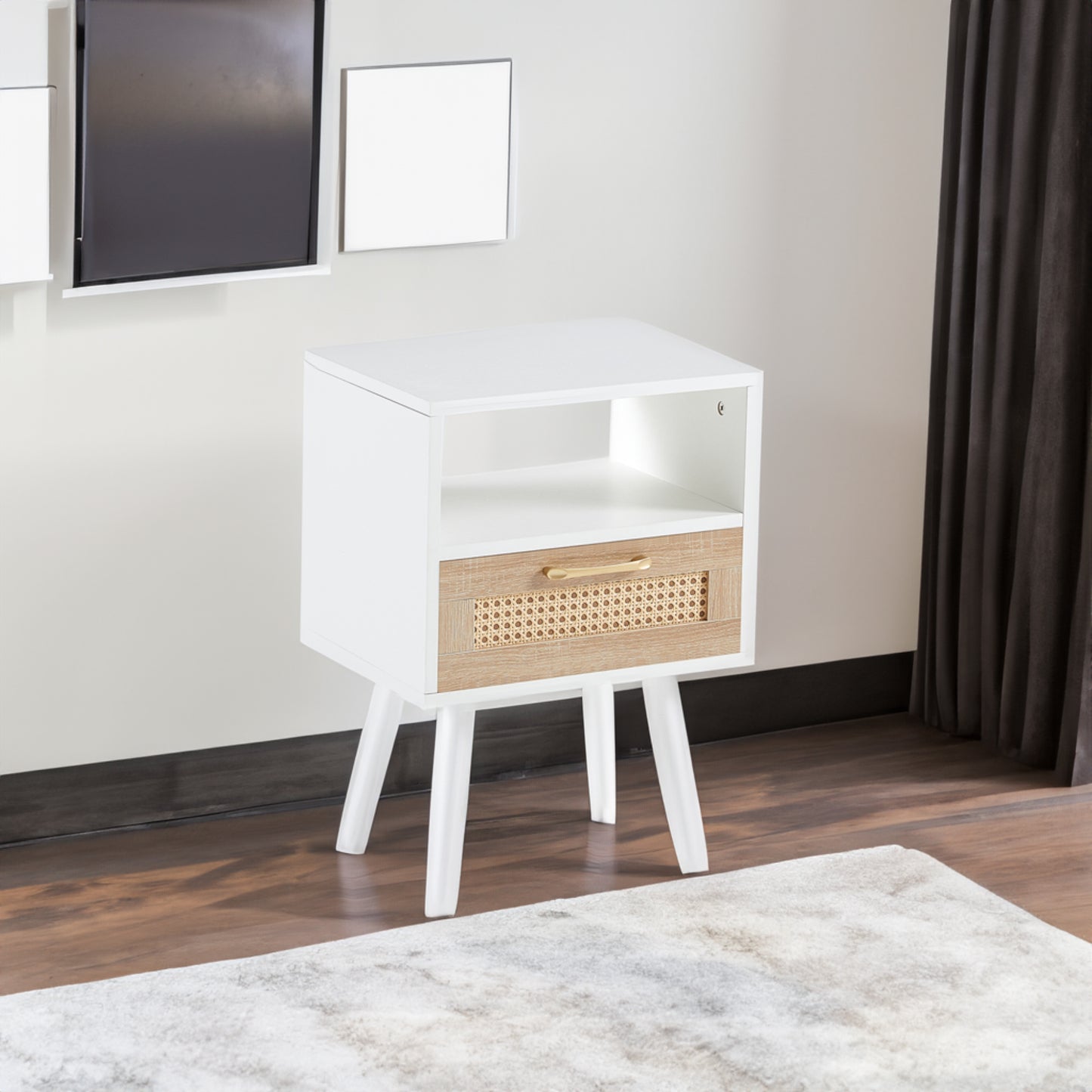 15.75" Rattan End table with drawer and solid wood legs Modern nightstand side table for living room  white