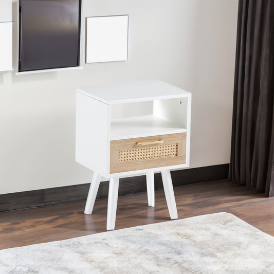 15.75" Rattan End table with drawer and solid wood legs Modern nightstand side table for living room  white