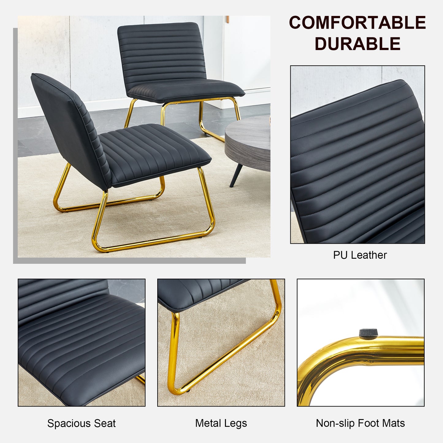 Black minimalist armless sofa chair with PU backrest and golden metal legs suitable for offices restaurants