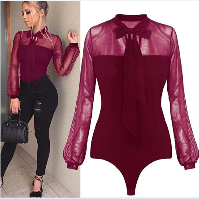 Neck Patchwork Long Sleeve Bodysuit Transparent Tops