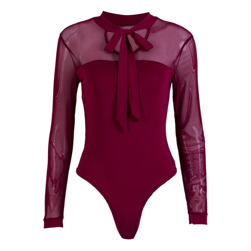 Neck Patchwork Long Sleeve Bodysuit Transparent Tops