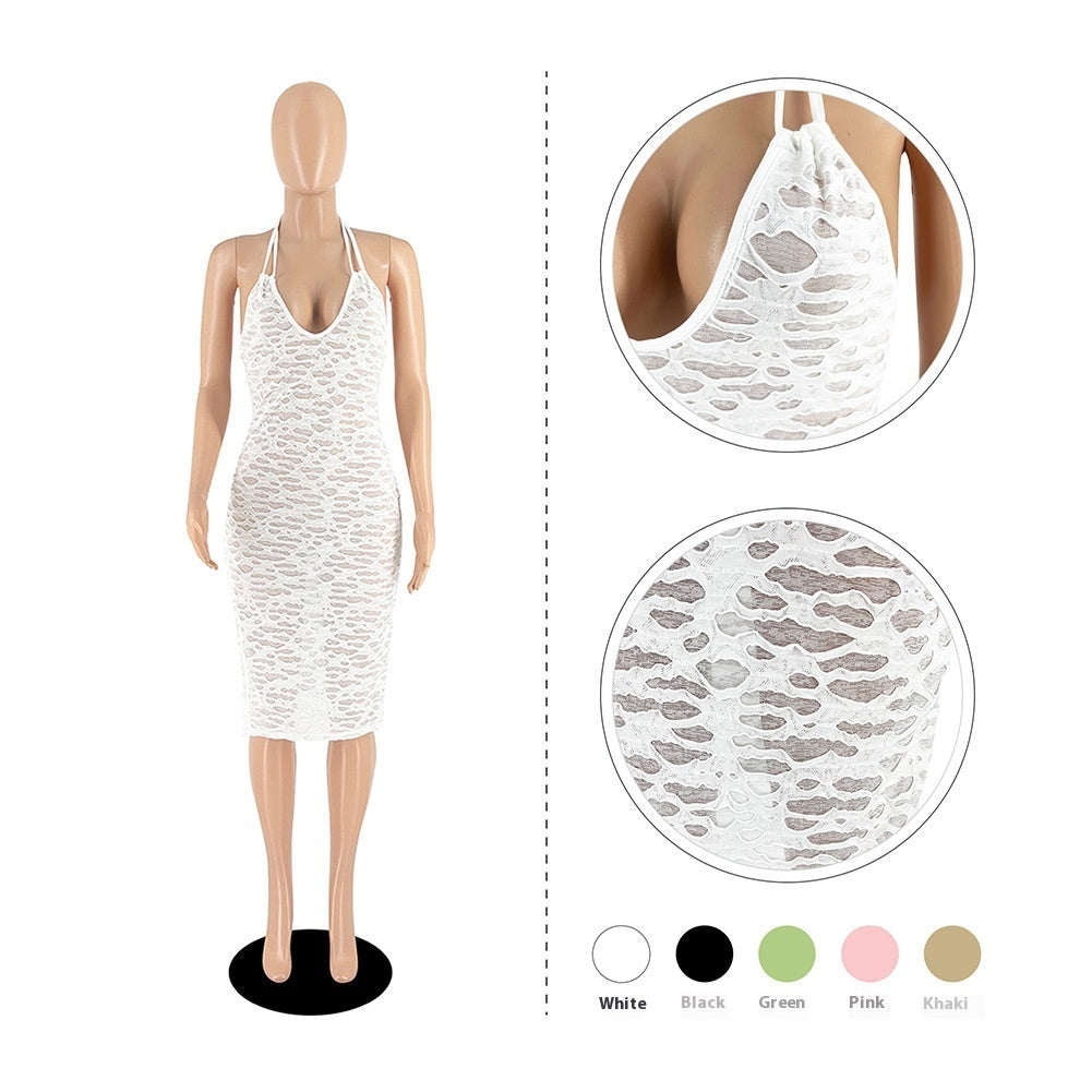 Women's Solid Color Transparent Mesh Backless Dress
