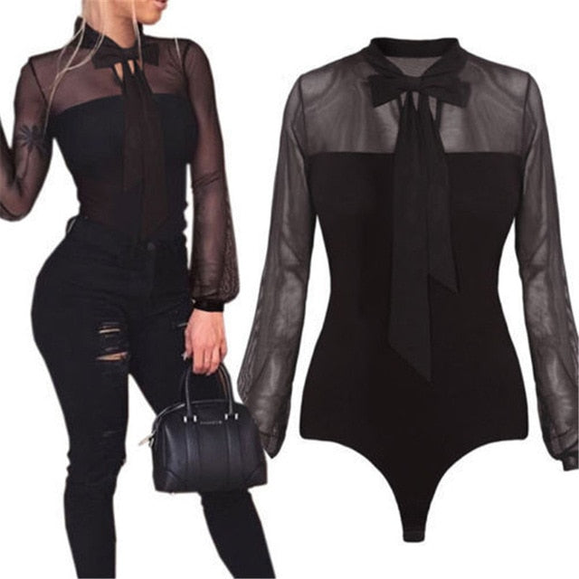 Neck Patchwork Long Sleeve Bodysuit Transparent Tops