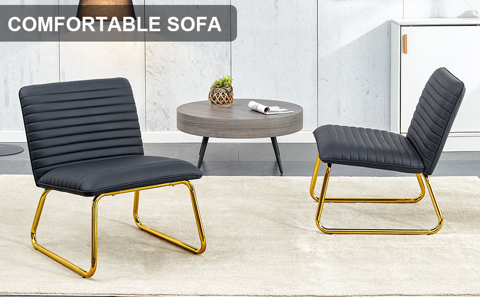 Black minimalist armless sofa chair with PU backrest and golden metal legs suitable for offices restaurants