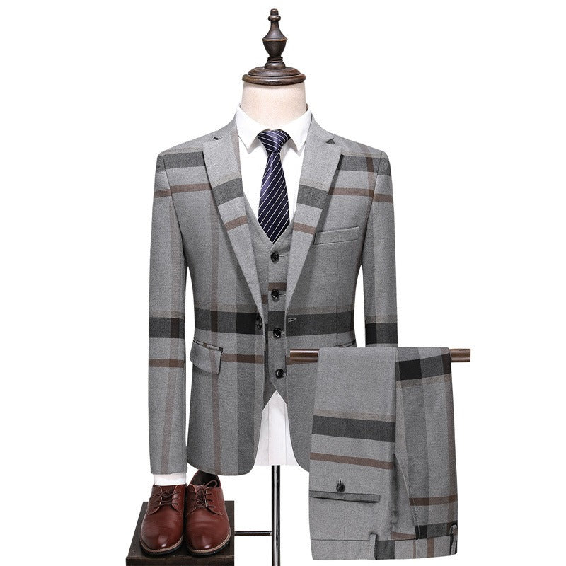 Suit Set Men's Casual Suit Three Piece Set Korean Fit Large Checked Groom Dress Set