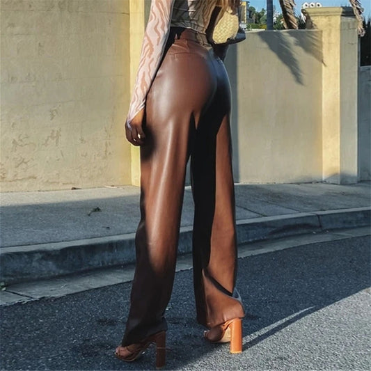 Autumn and Winter Women's PU Long Leather Pants Casual Wide Leg Pants High Waist Straight Tube Leather Pants