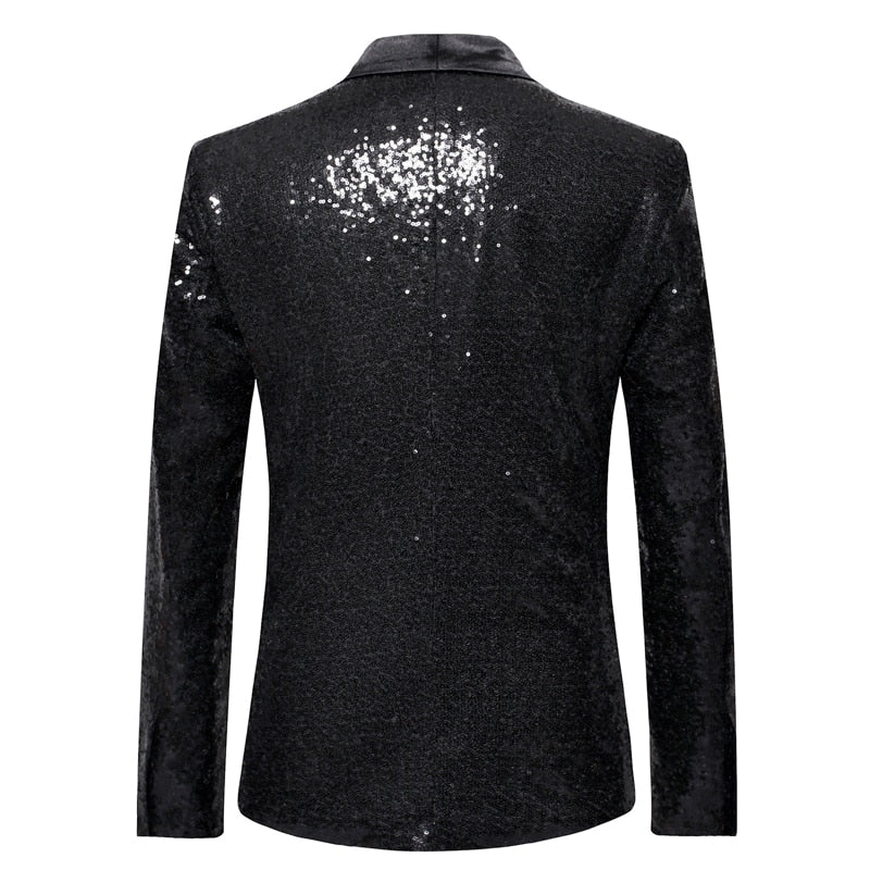 Black Sequin One Button Shawl Collar Suit Jacket Men Bling Glitter Nightclub Prom DJ Blazer Jacket Men Stage Clothes for Singers