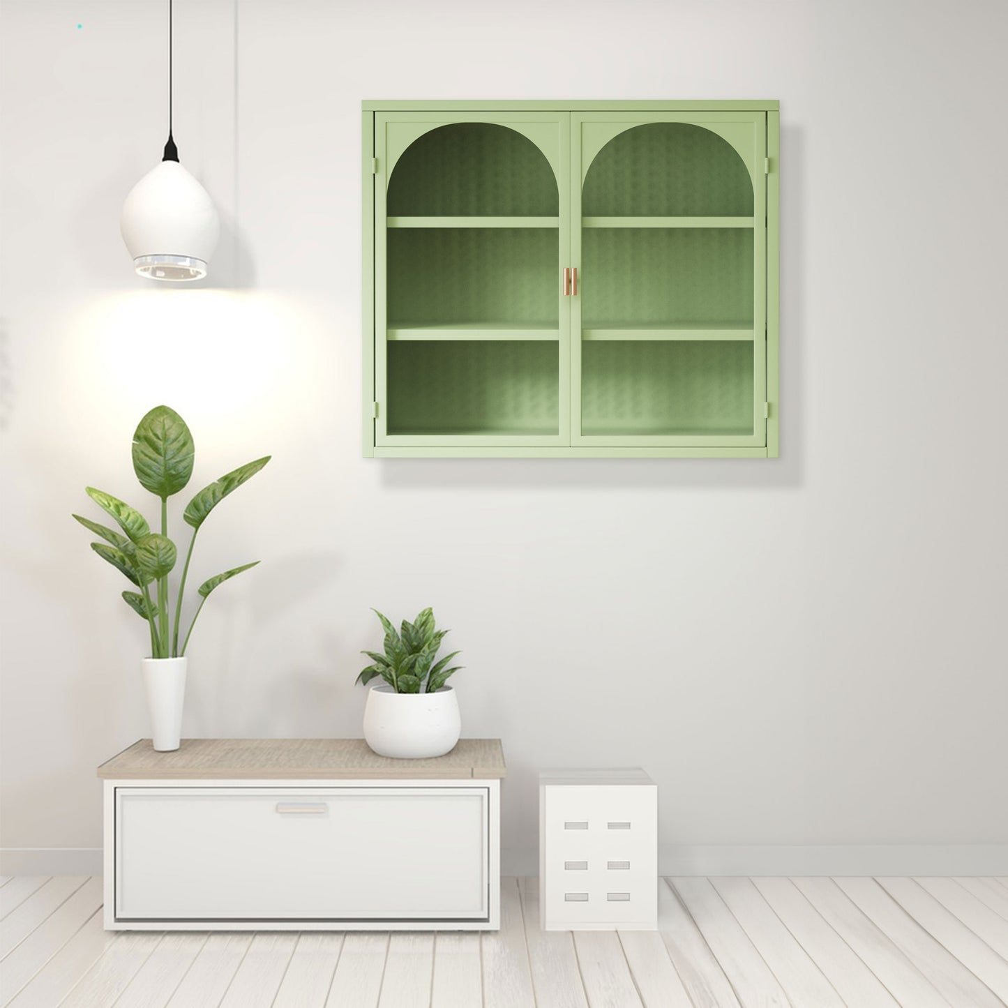 27.56"Glass Doors Modern Two-door Wall Cabinet with Featuring Three-tier Green