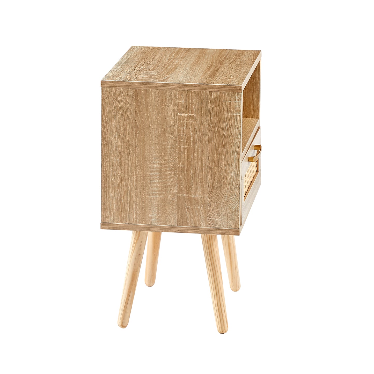 15.75" Rattan End table with drawer and solid wood legs Modern nightstand side table for living room natural