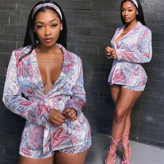 Early Autumn Fashion Casual Printed Suit Deep V Neck Long Jacket Shorts Two Piece Suit