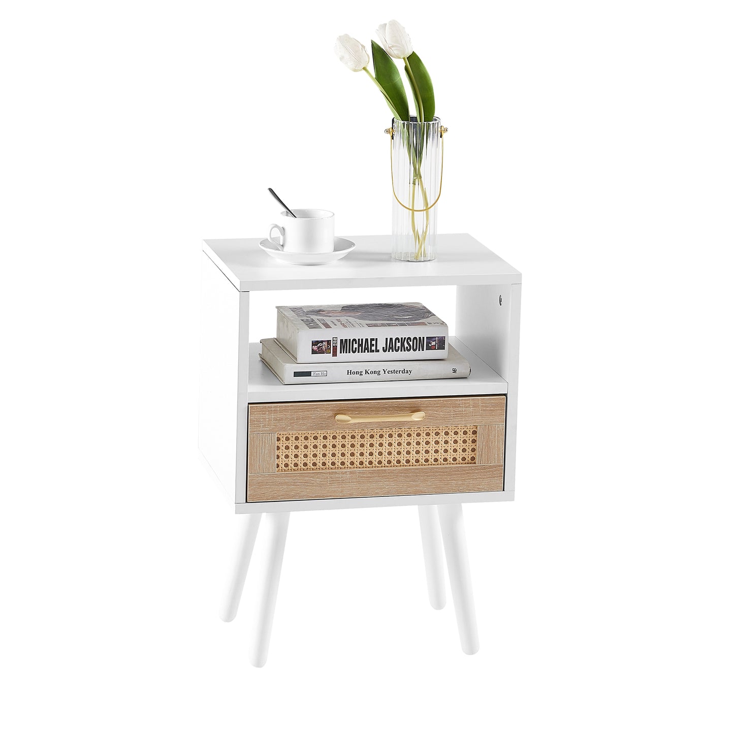 15.75" Rattan End table with drawer and solid wood legs Modern nightstand side table for living room  white