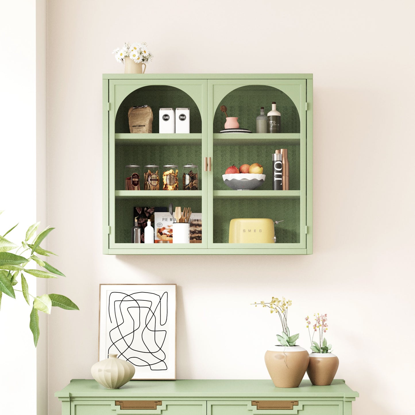 27.56"Glass Doors Modern Two-door Wall Cabinet with Featuring Three-tier Green