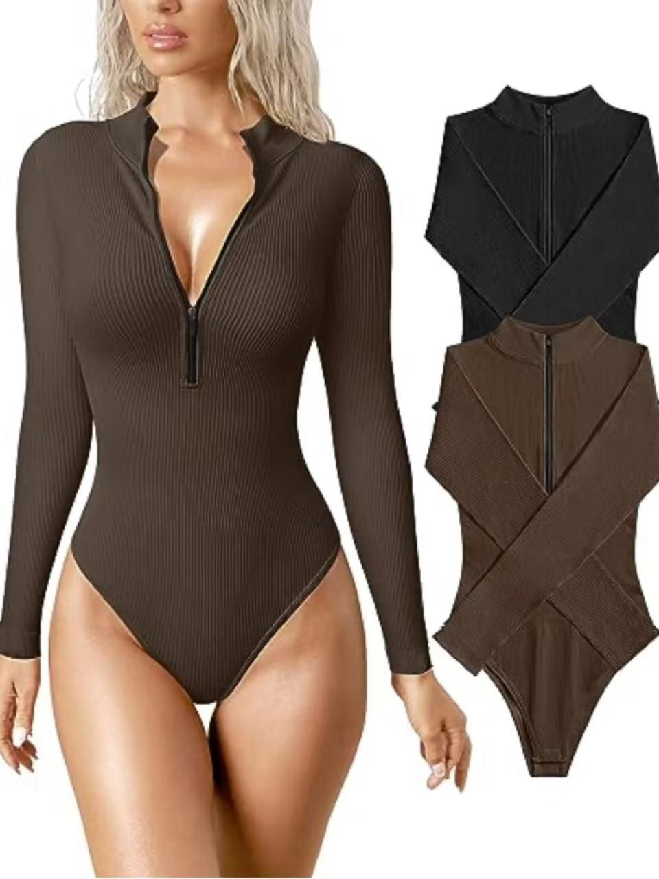 Long Sleeve Bodysuit Sexy Ribbed Bodysuit Front Zip