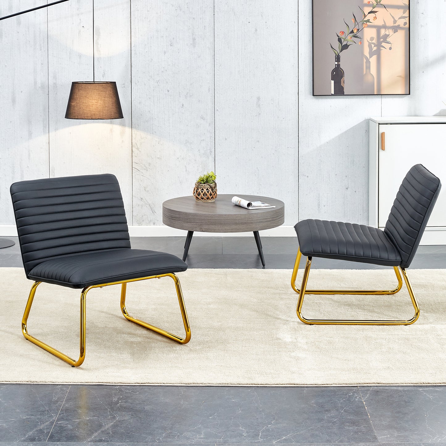 Black minimalist armless sofa chair with PU backrest and golden metal legs suitable for offices restaurants