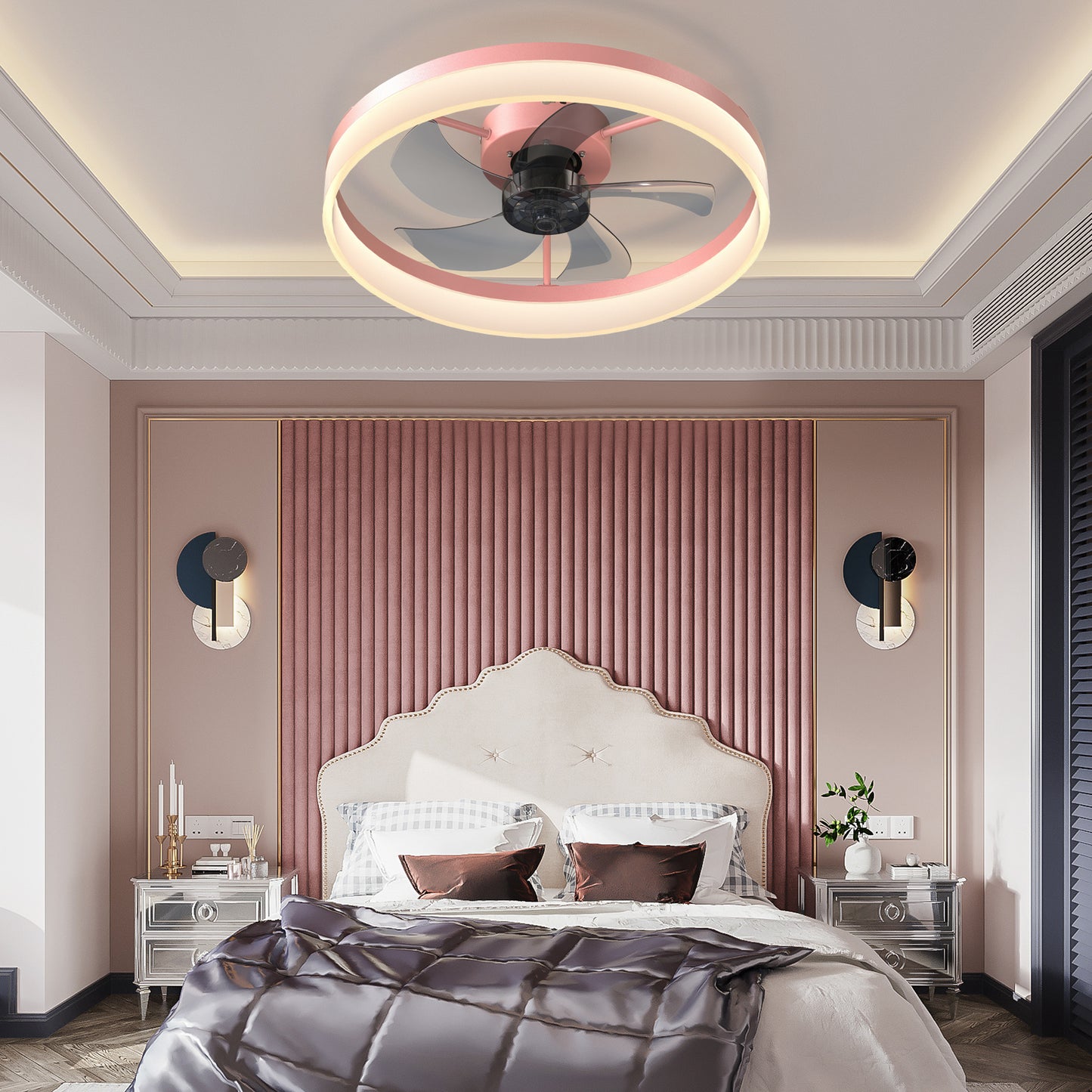 Ceiling Fans with Lights Dimmable LED Embedded installation of thin modern ceiling fans(Pink)