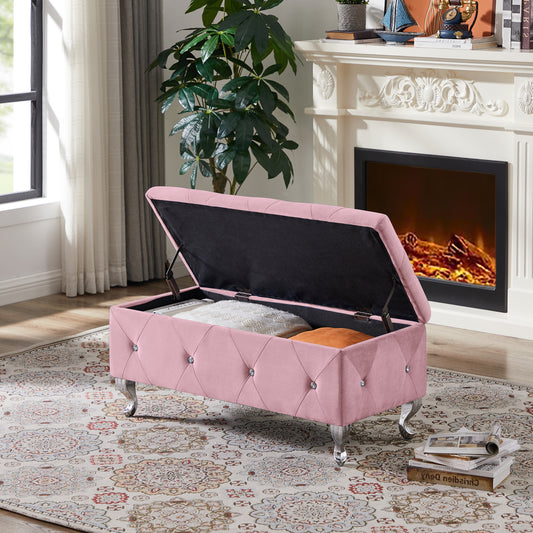 Storage Bench Flip Top Entryway Bench Seat with Safety Hinge Storage Chest with Padded Seat Pink Velet