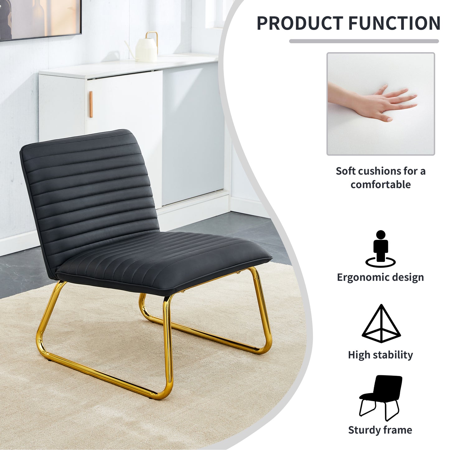 Black minimalist armless sofa chair with PU backrest and golden metal legs suitable for offices restaurants