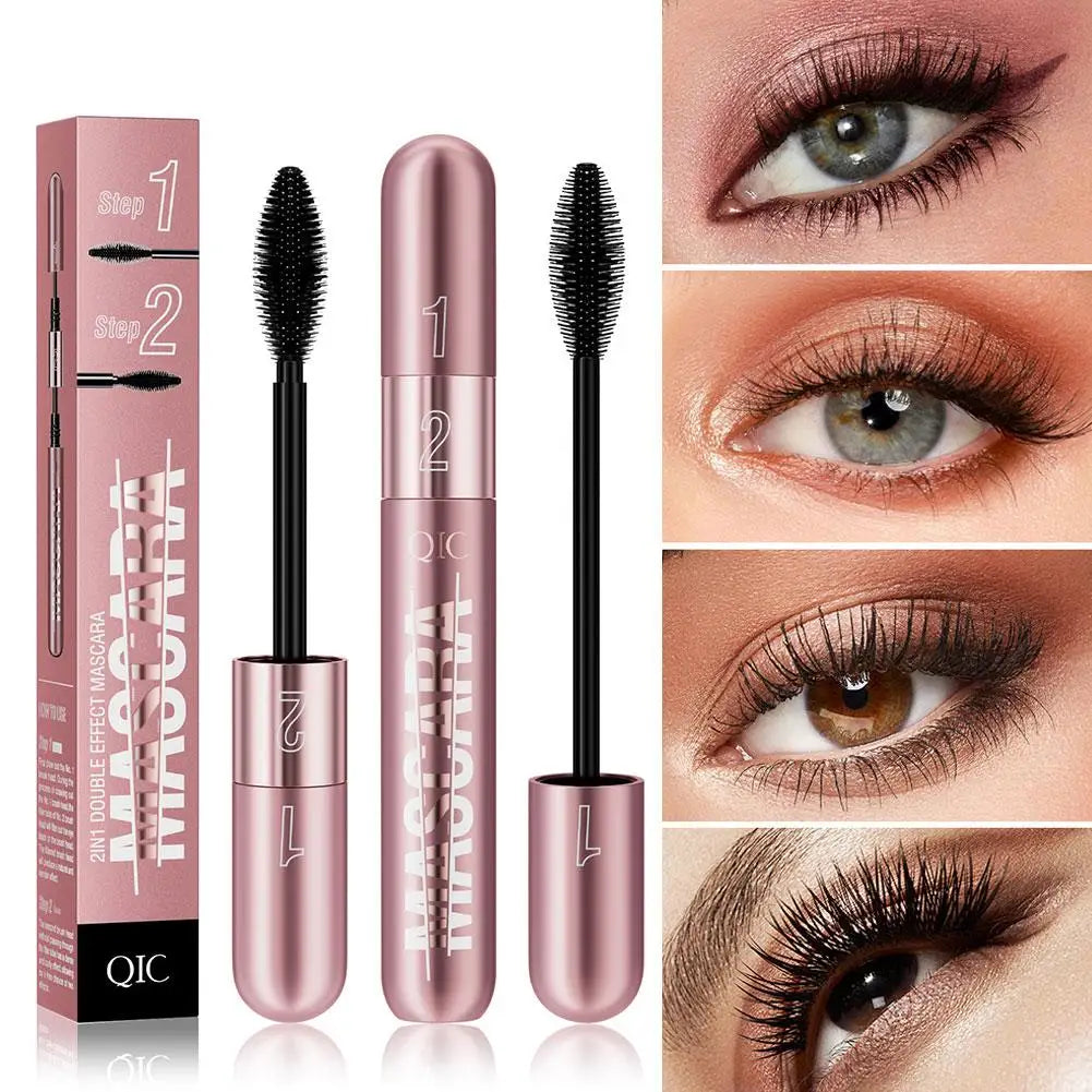 Double Head Black Mascara Waterproof Lengthens Extension Eyelashes Non-smudge Lengthening Volume 5D Silk Fiber Mascara Cosmetics