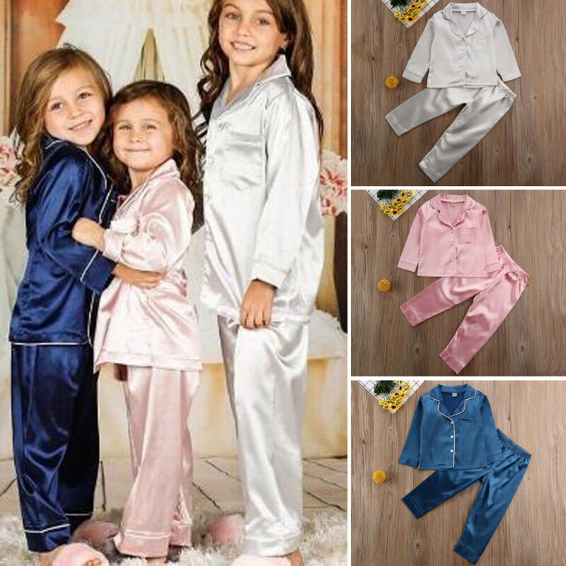 Childrens Kids Pyjamas Silk Satin Tops Pant Autumn Winter Long Sleeve Sleepwear Nightwear Girl Boy Pajama Sets