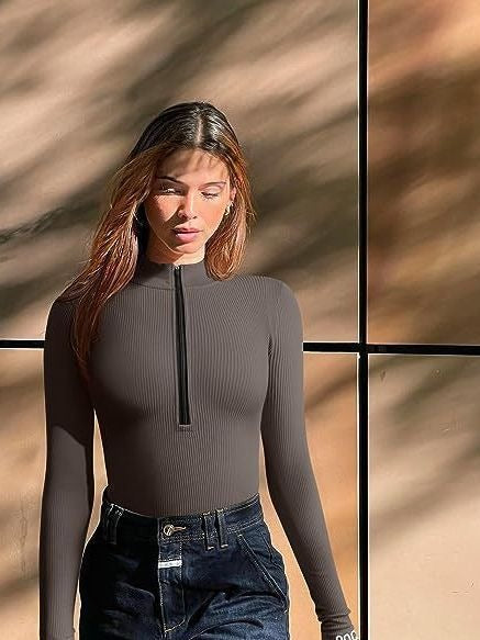 Long Sleeve Bodysuit Sexy Ribbed Bodysuit Front Zip