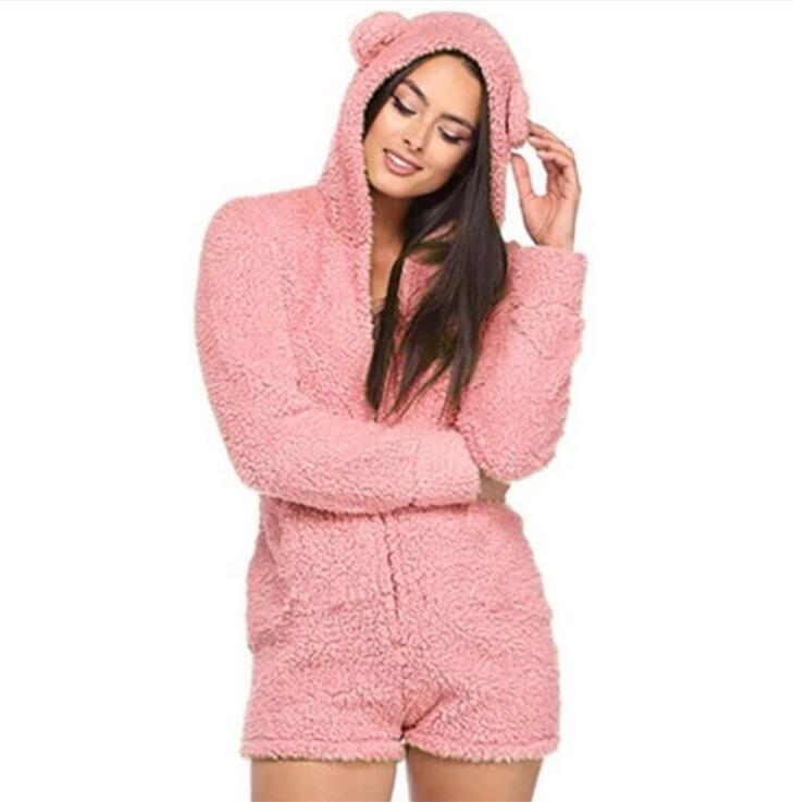 Women's Cute Teddy Bear Warm Winter Flannel Sleepwear Zipper Hooded Long Sleeve Jumpsuit One Piece Plush Warm Romper Pajamas