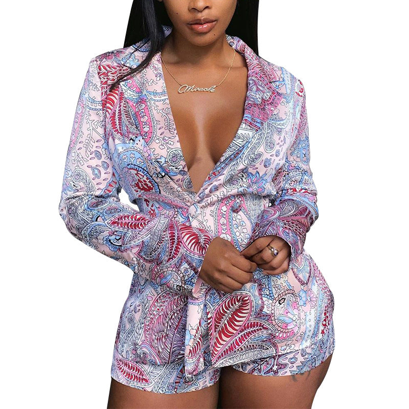 Early Autumn Fashion Casual Printed Suit Deep V Neck Long Jacket Shorts Two Piece Suit