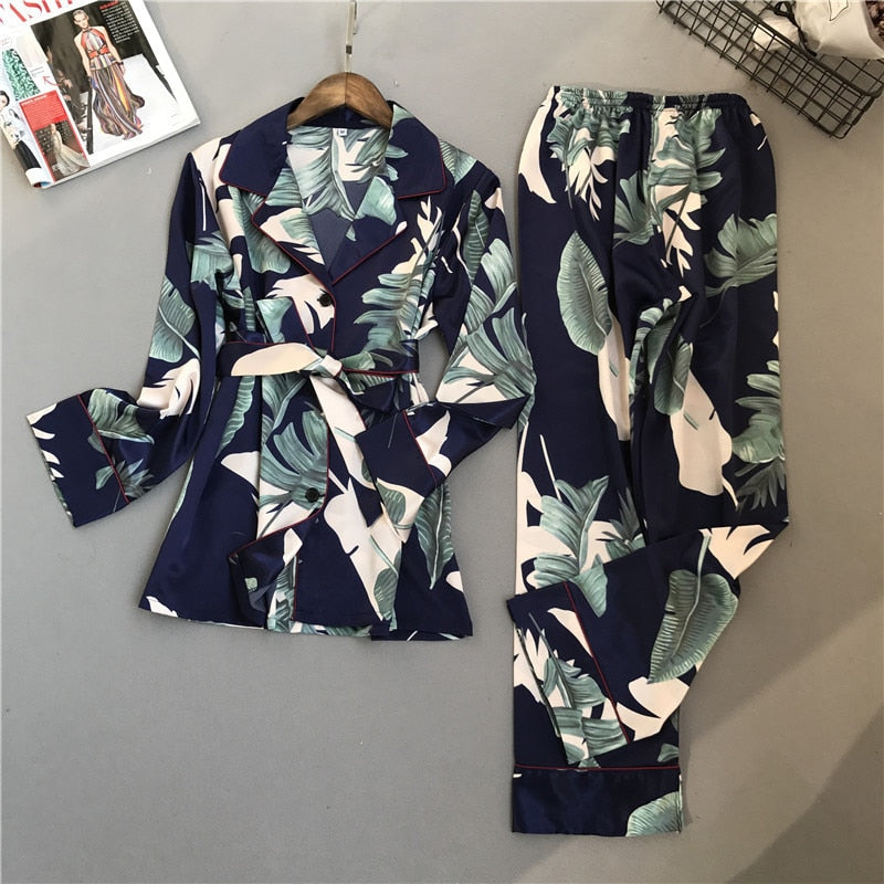 Lisacmvpnel Spring Printing Pattern Women Pajama Set Rayon Sleepwear Long Sleeve Trousers Two Paper Suit