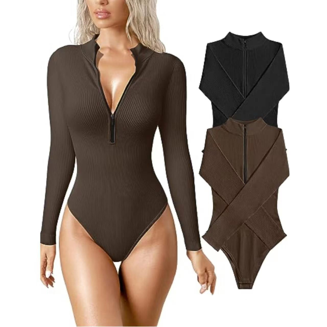 Long Sleeve Bodysuit Sexy Ribbed Bodysuit Front Zip