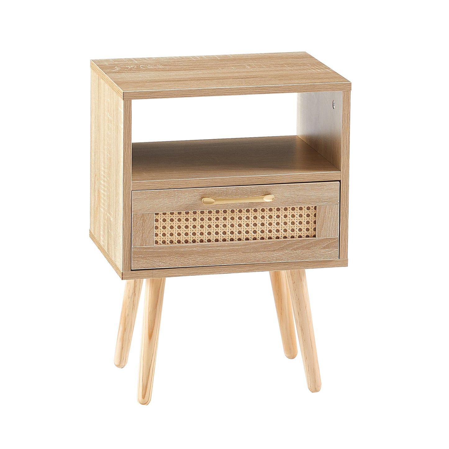 15.75" Rattan End table with drawer and solid wood legs Modern nightstand side table for living room natural