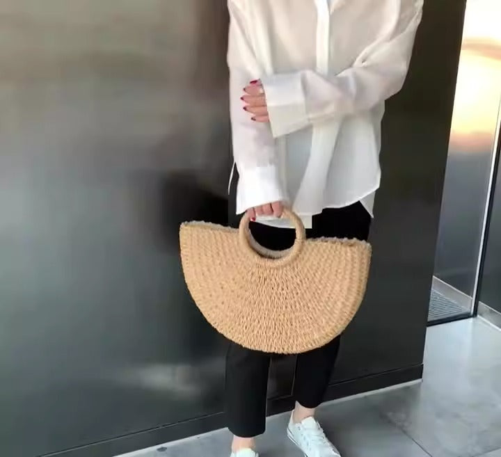 Women handmade round woven straw beach tote bags summer rattan handbag ladies weave straw bag