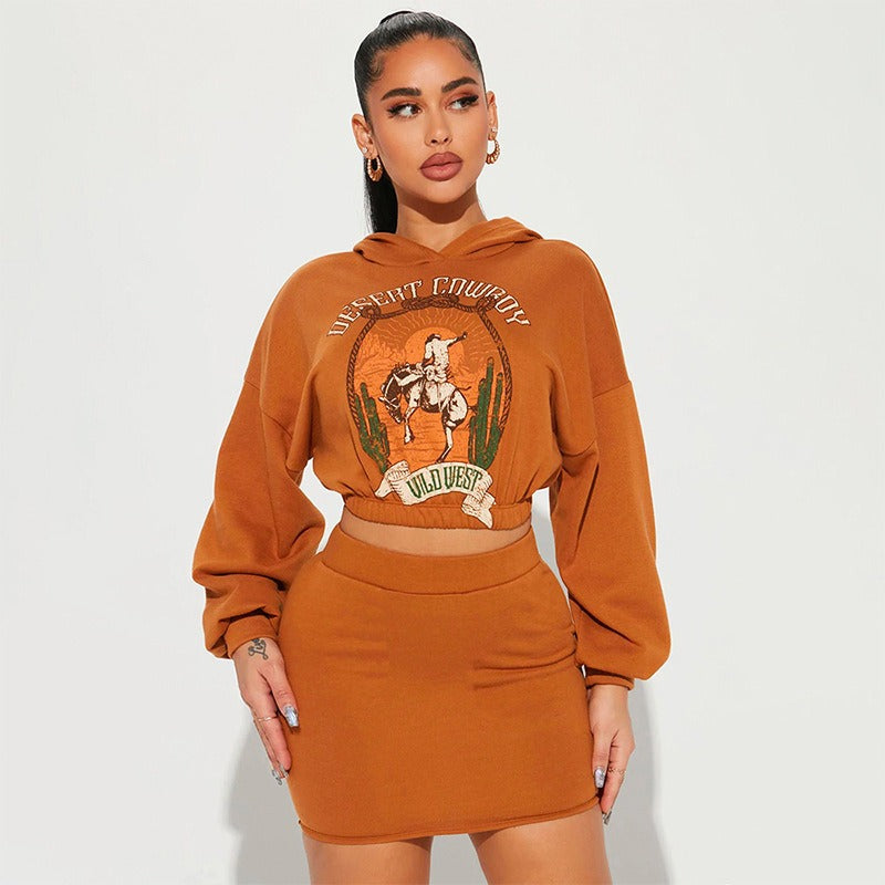 Women sweatshirt printed hooded short suit skirt