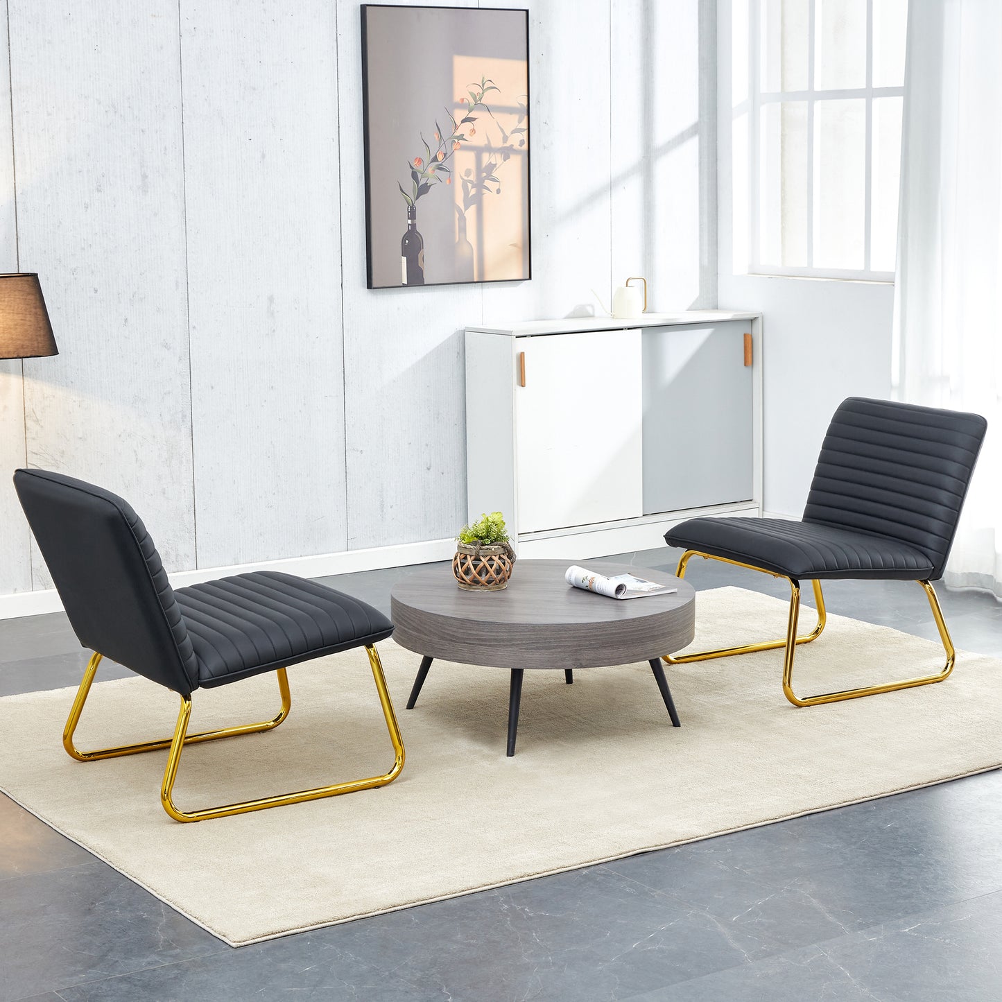 Black minimalist armless sofa chair with PU backrest and golden metal legs suitable for offices restaurants