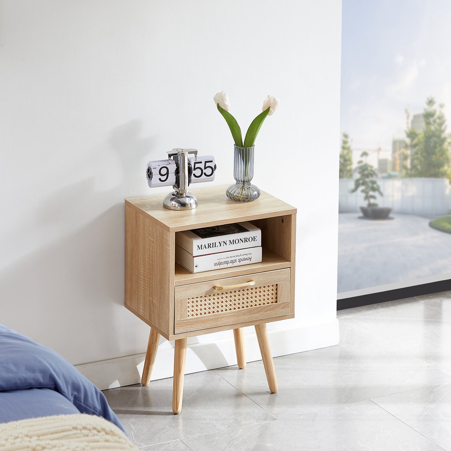 15.75" Rattan End table with drawer and solid wood legs Modern nightstand side table for living room natural