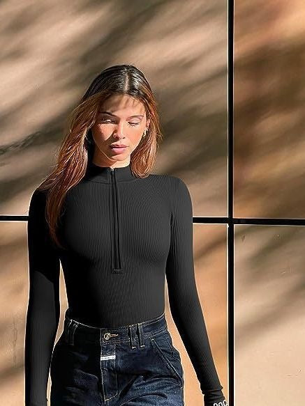 Long Sleeve Bodysuit Sexy Ribbed Bodysuit Front Zip