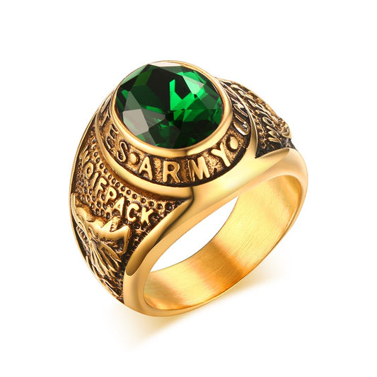 US Army Gold Overlay Ring Green Cubic Zirconia