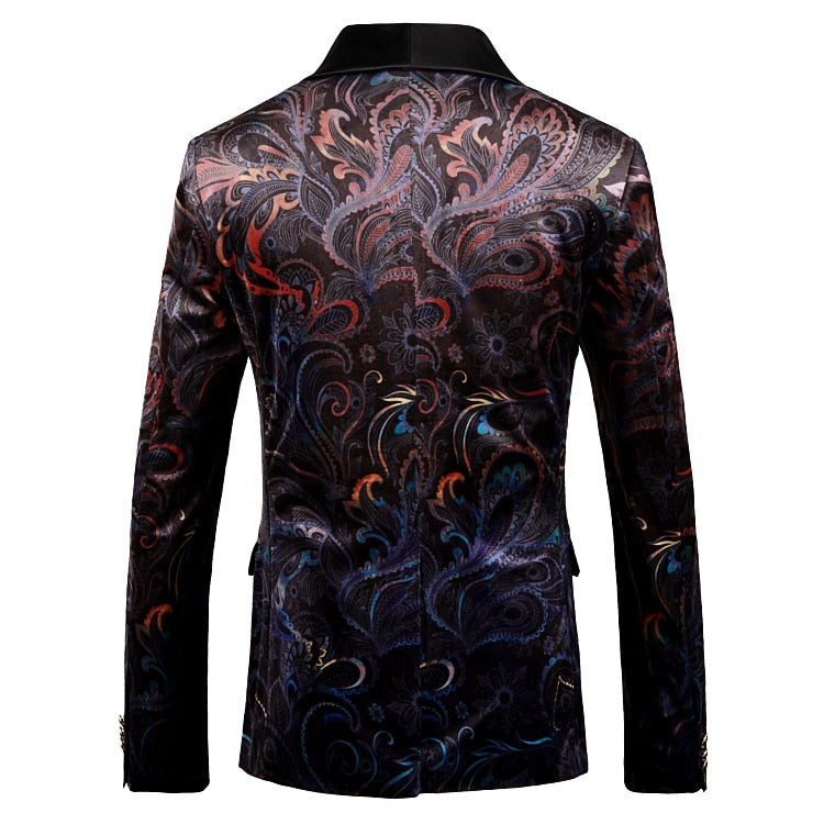 Blazer Men Luxury Print Shawl Collar Suit Jacket Men Wedding Dinner Party Stage Singer Costumes