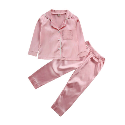 Childrens Kids Pyjamas Silk Satin Tops Pant Autumn Winter Long Sleeve Sleepwear Nightwear Girl Boy Pajama Sets