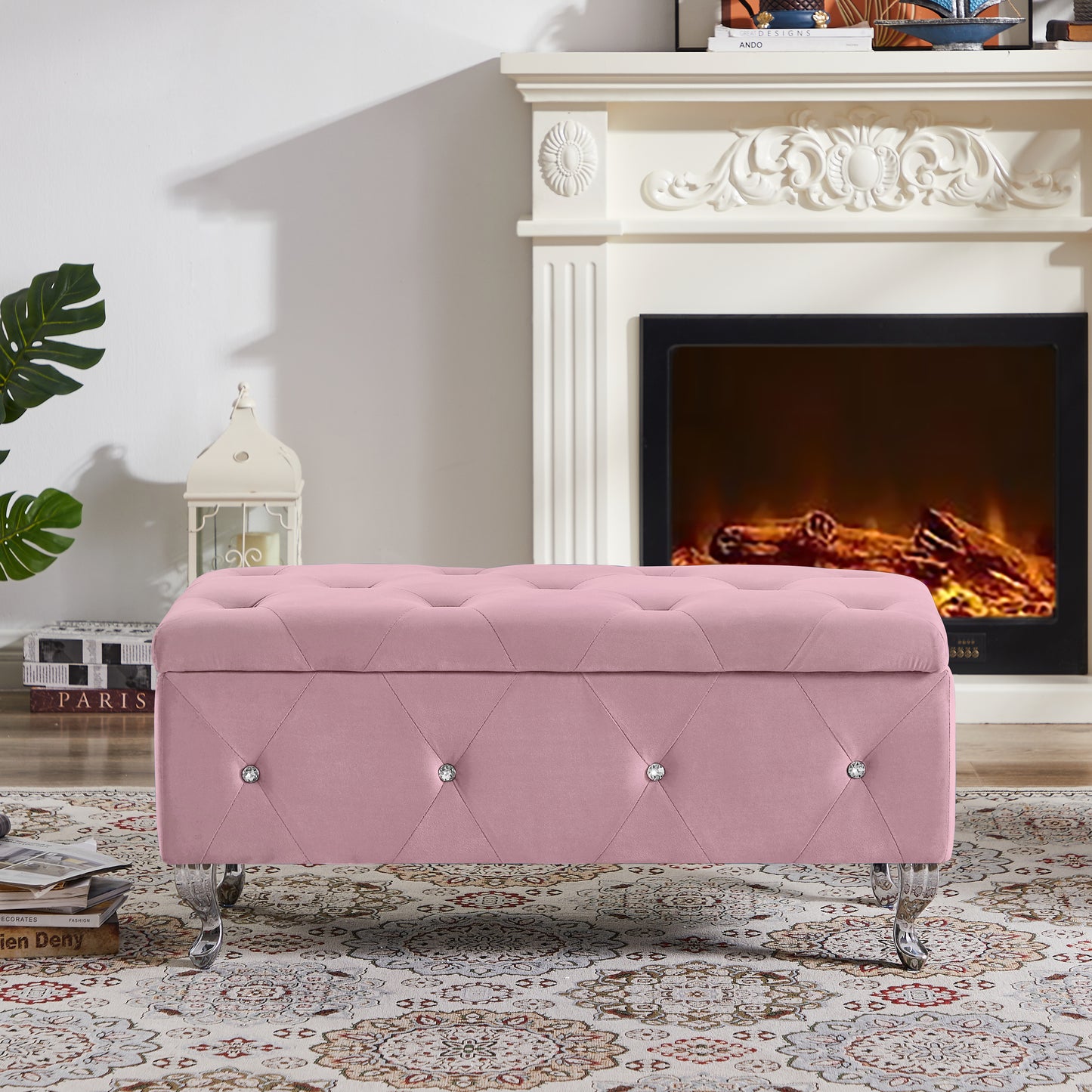 Storage Bench Flip Top Entryway Bench Seat with Safety Hinge Storage Chest with Padded Seat Pink Velet