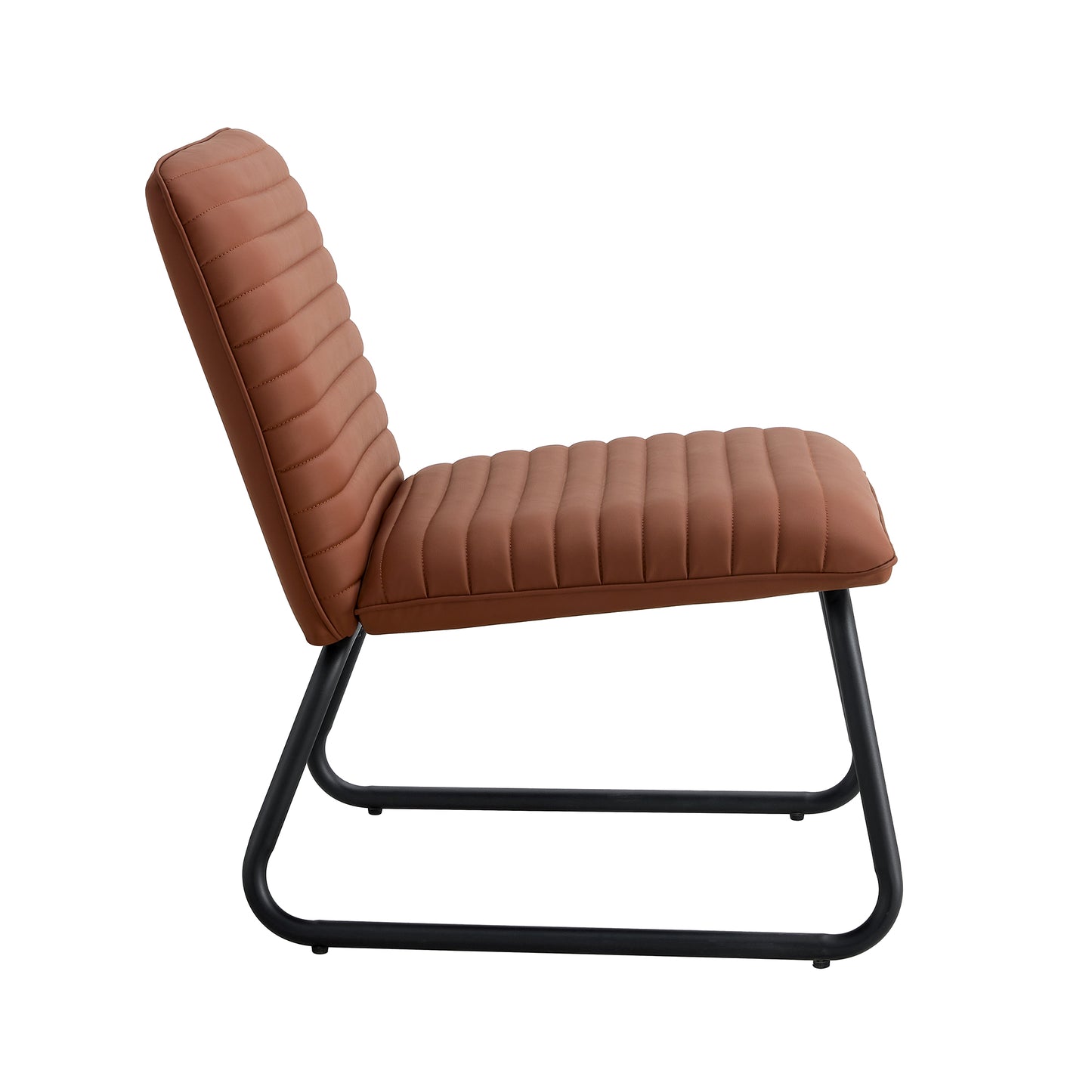 Brown minimalist armless sofa chair with PU backrest and black metal legs