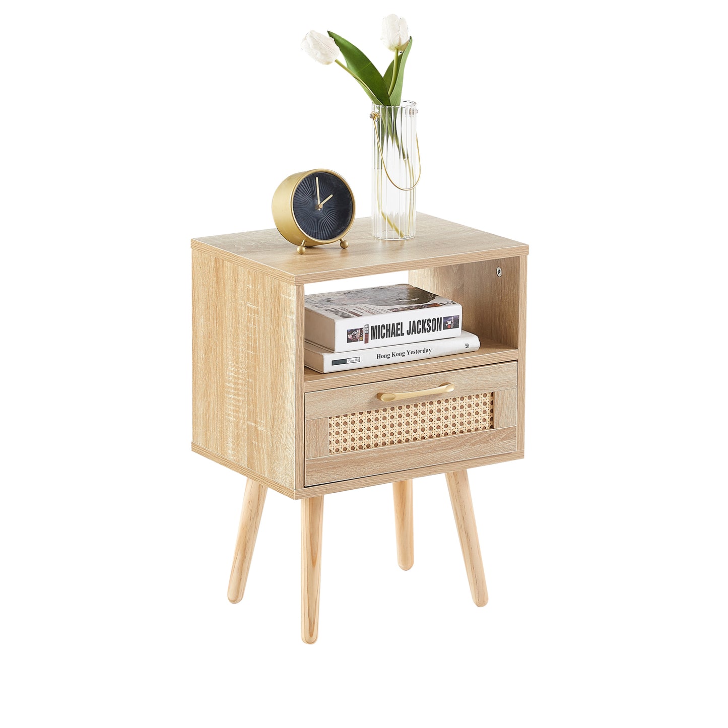 15.75" Rattan End table with drawer and solid wood legs Modern nightstand side table for living room natural