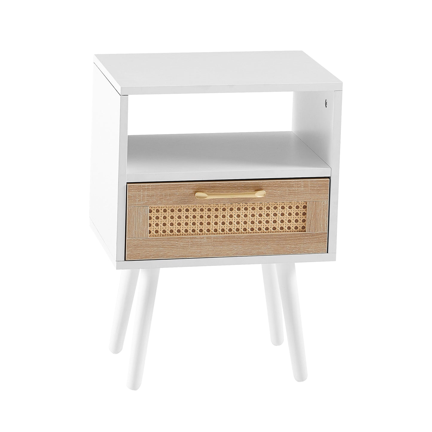 15.75" Rattan End table with drawer and solid wood legs Modern nightstand side table for living room  white