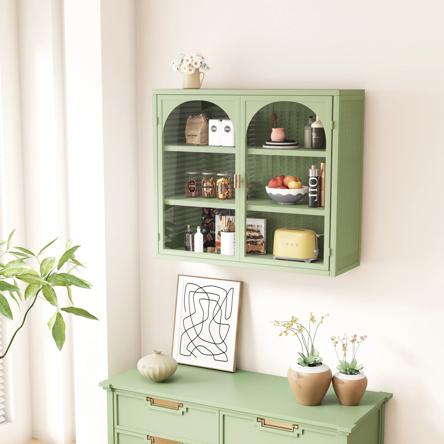 27.56"Glass Doors Modern Two-door Wall Cabinet with Featuring Three-tier Green