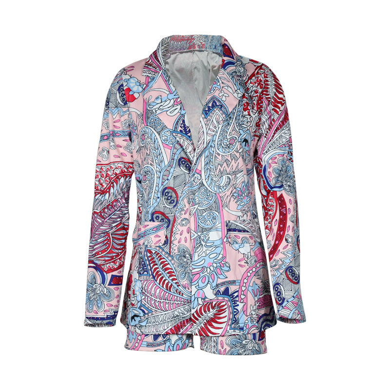 Early Autumn Fashion Casual Printed Suit Deep V Neck Long Jacket Shorts Two Piece Suit