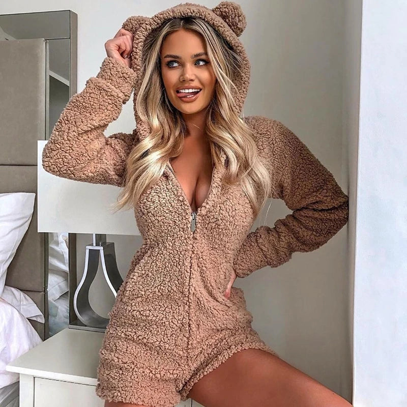 Women's Cute Teddy Bear Warm Winter Flannel Sleepwear Zipper Hooded Long Sleeve Jumpsuit One Piece Plush Warm Romper Pajamas